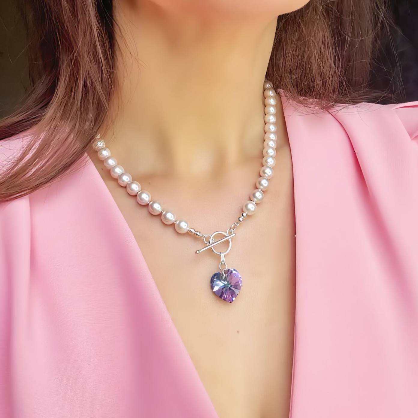 Sterling Silver Blush Pearl Necklace – Crystal Heart Pendant, 925 Silver