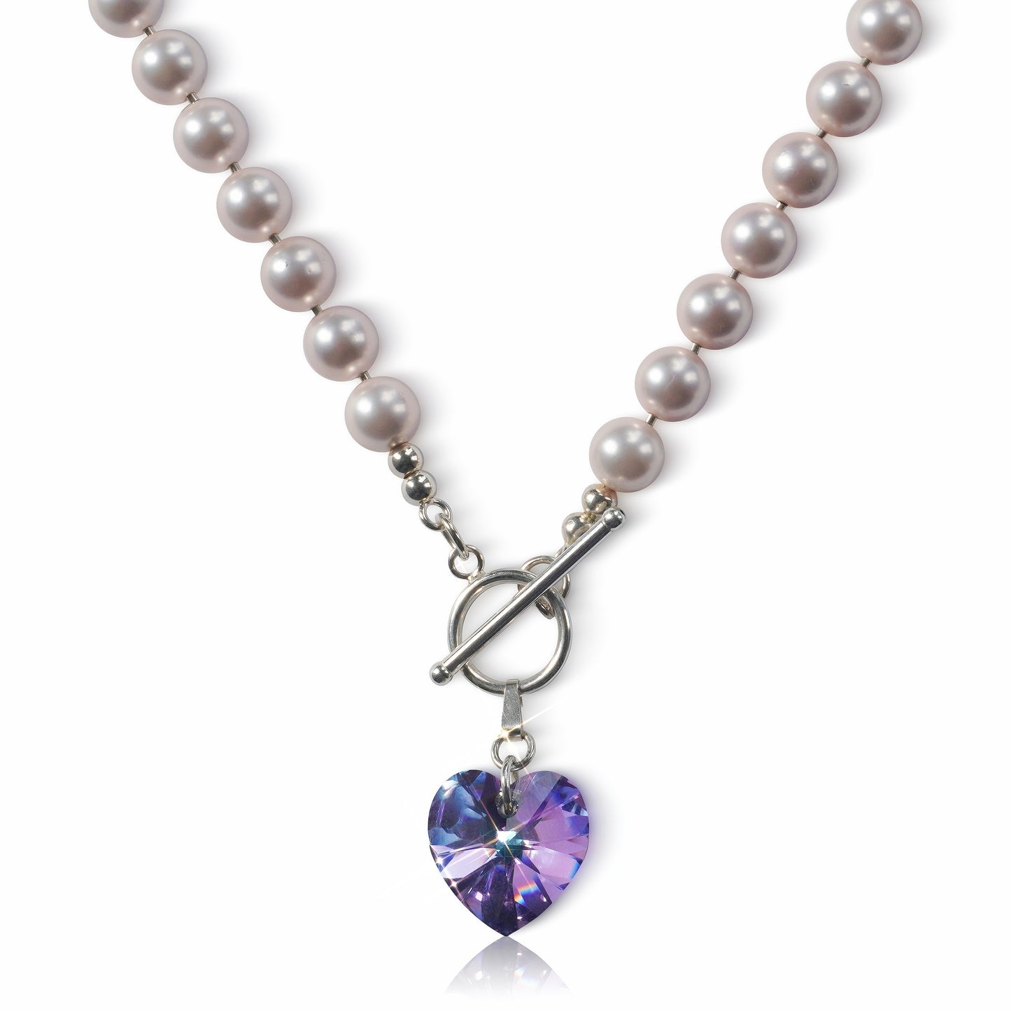 Blush Shell Pearl Necklace with Swarovski Heart Pendant – Sterling Silver