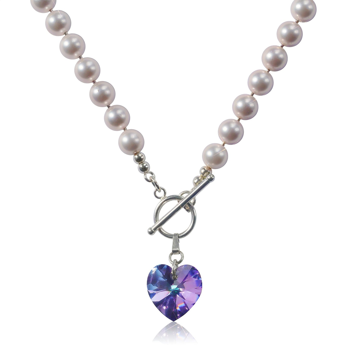 Sterling Silver Blush Pearl Necklace – Crystal Heart Pendant, 925 Silver