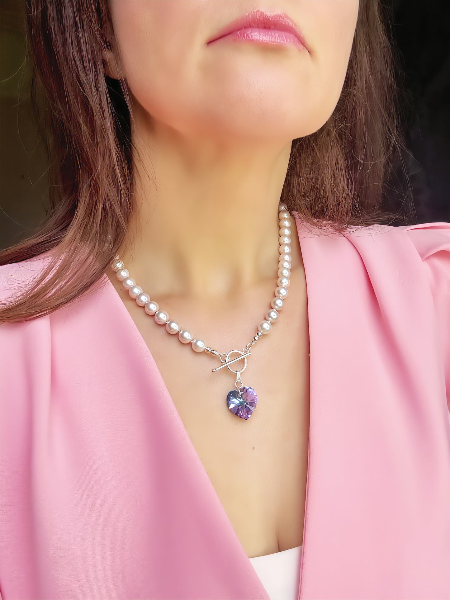 Blush Shell Pearl Necklace with Detachable Swarovski Heart Pendant – Sterling Silver