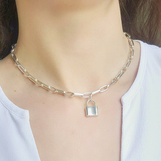 Sterling Silver Padlock Necklace – 925 Solid Silver, Minimalist Chunky Chain