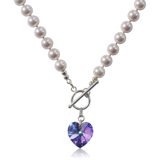 Blush Shell Pearl Necklace with Swarovski Heart Pendant – Sterling Silver