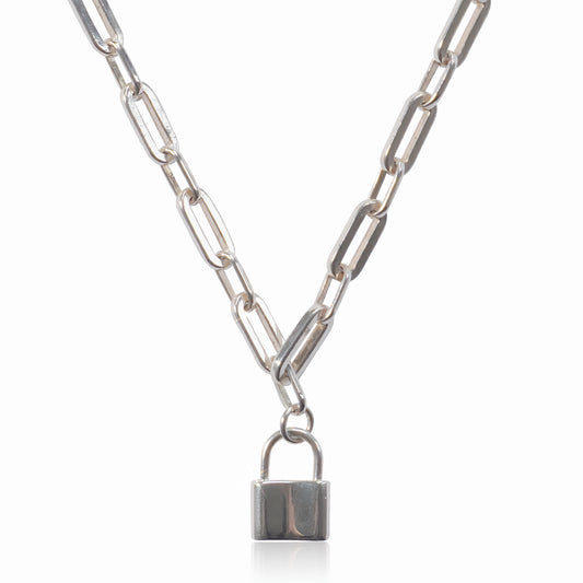 Sterling Silver Padlock Necklace – 925 Solid Silver, Minimalist Chunky Chain