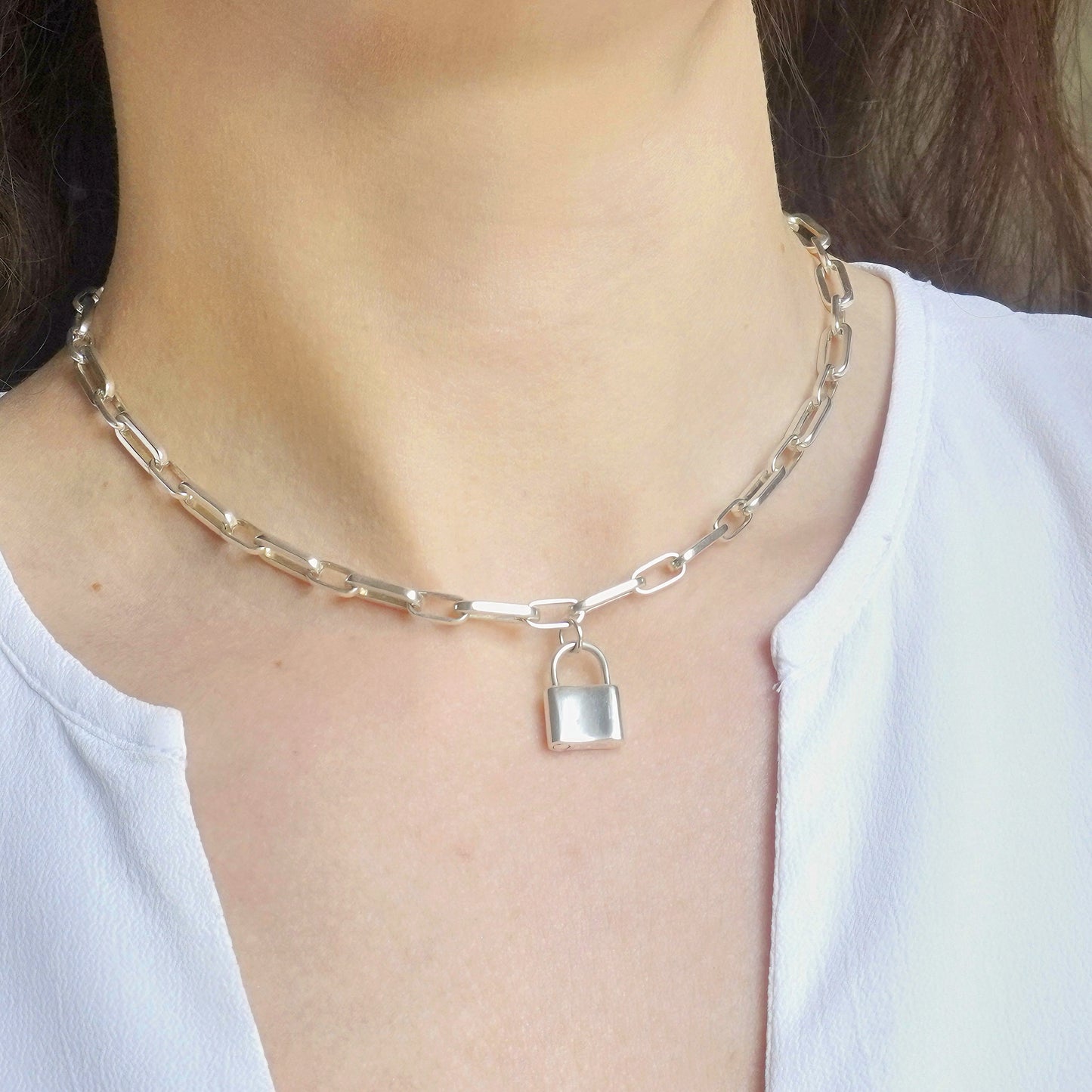 Sterling Silver Padlock Necklace - Chunky Chain