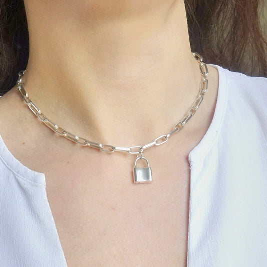 Sterling Silver Padlock Necklace - Chunky Chain