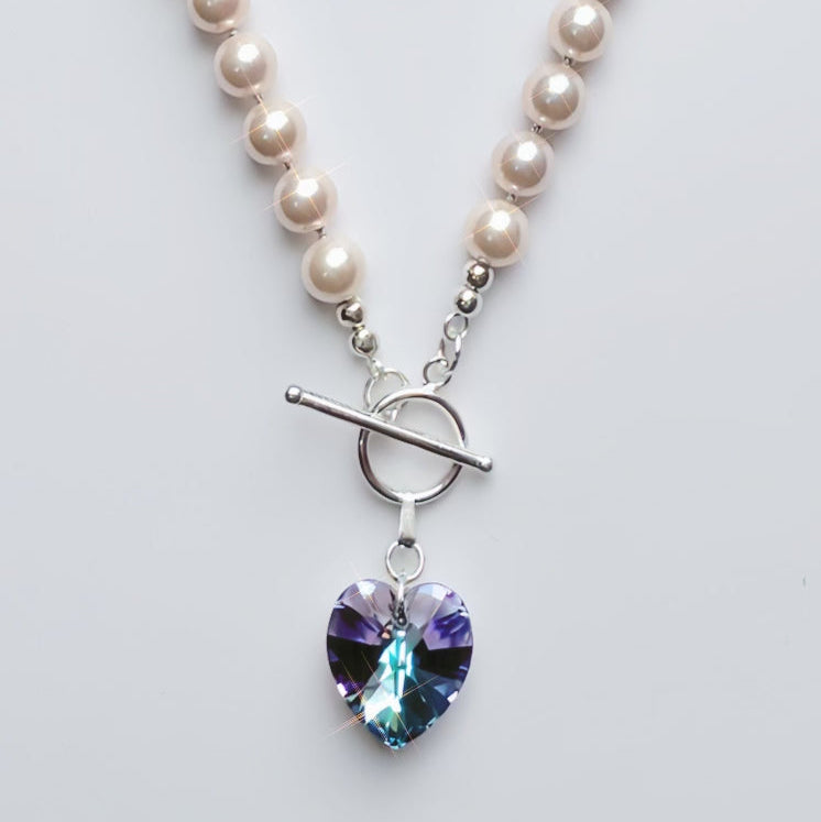 Blush Shell Pearl Necklace with Detachable Swarovski Heart Pendant – Sterling Silver
